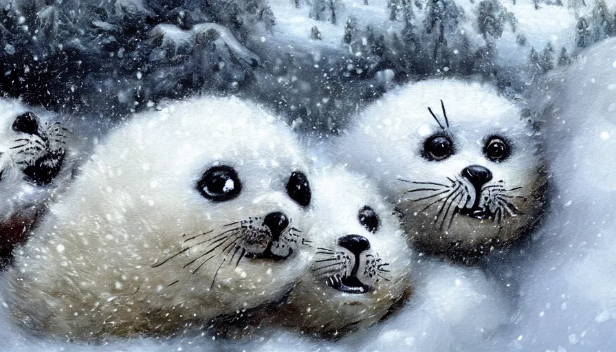 Prompt: highly detailed closeup painting of cute furry white baby seals inside a snowy adventure park climbing frame by william turner, by greg rutkowski, by william constable, thick brush strokes and visible paint layers, 4 k resolution