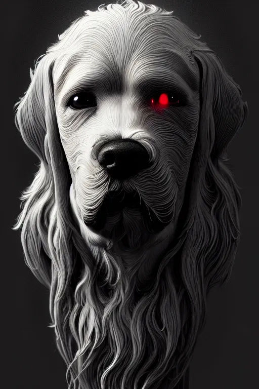 Prompt: dog as mourning crying phantom, very detailed face, detailed features, fantasy, circuitry, explosion, dramatic, intricate, elegant, highly detailed, digital painting, artstation, concept art, smooth, sharp focus, illustration, art by gustave dore, octane render