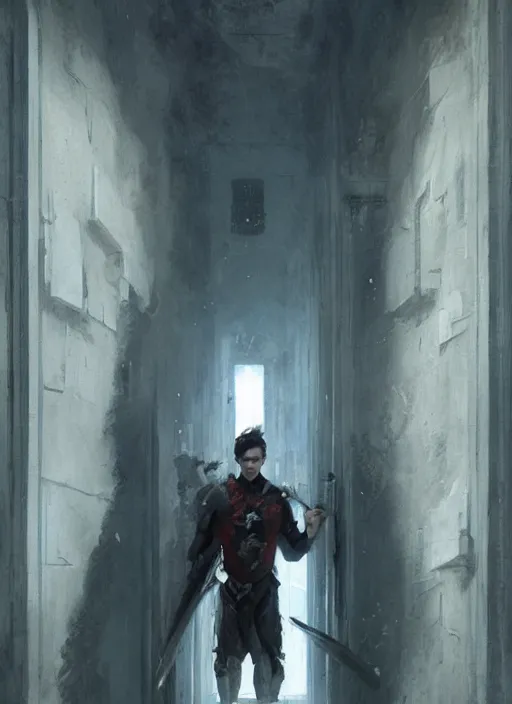 Image similar to a young man with wide, intense eyes, standing upside down on the ceiling of a hallway. he is bald and clean shaven, dressed entirely in white and holding a huge sword. painting by greg rutkowski and raymond swanland