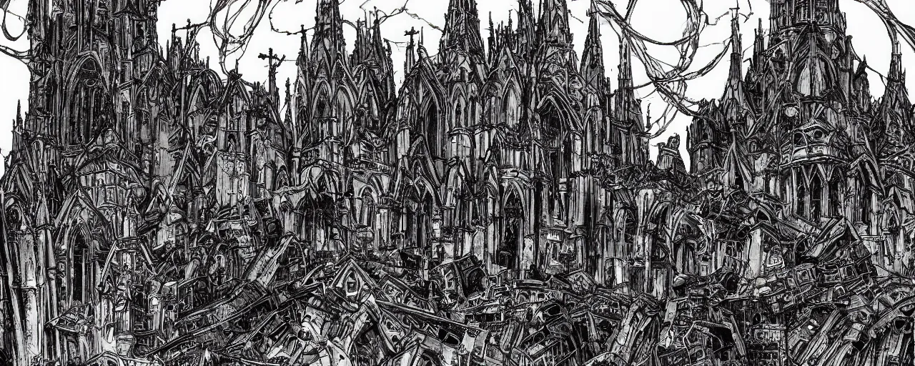 Prompt: gothic church, megalopolis, destroyed city, ultra detailed, miura kentaro style, tsutomu nihei style,