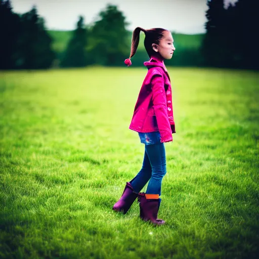 Prompt: a young girl plays on a great green meadow, she wears a jacket, jeans and boots, she has ponytails, photo taken by a nikon, highly detailed, sharp focus