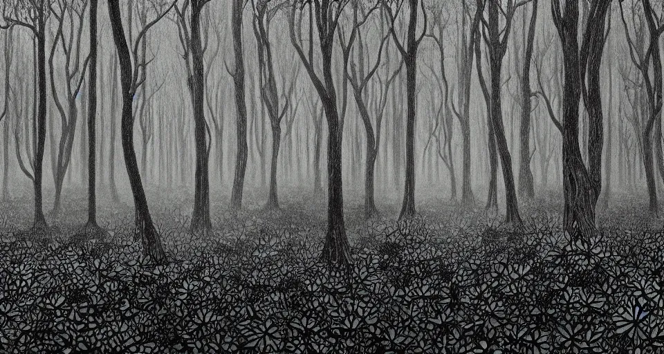 Image similar to A dense and dark enchanted forest with a swamp, by David Eichenberg