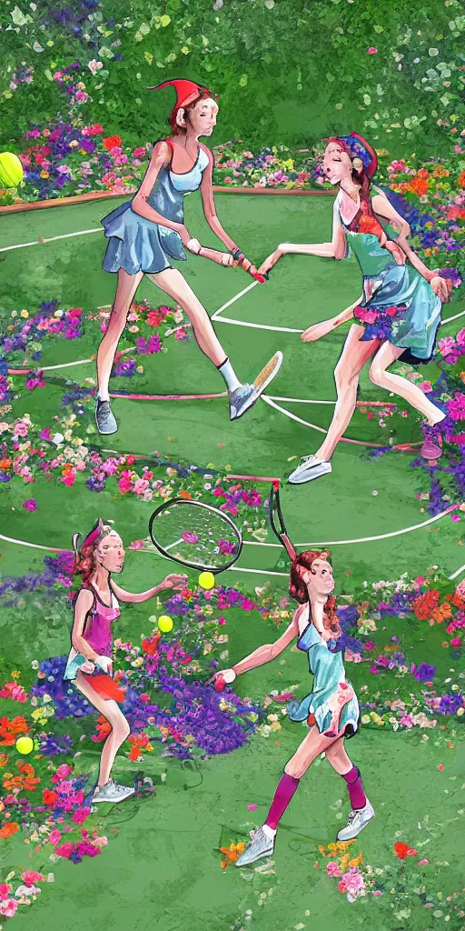 Image similar to Two elves playing tennis on a tennis court made of flowers, digital art