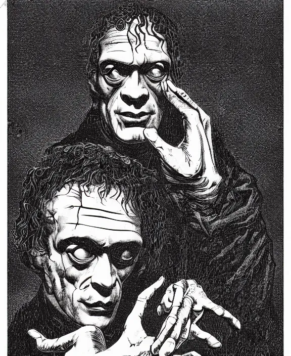 Image similar to frankenstein, art by james o barr and albrecht durer, woodblock print, engraved, black and white, vector, vector art