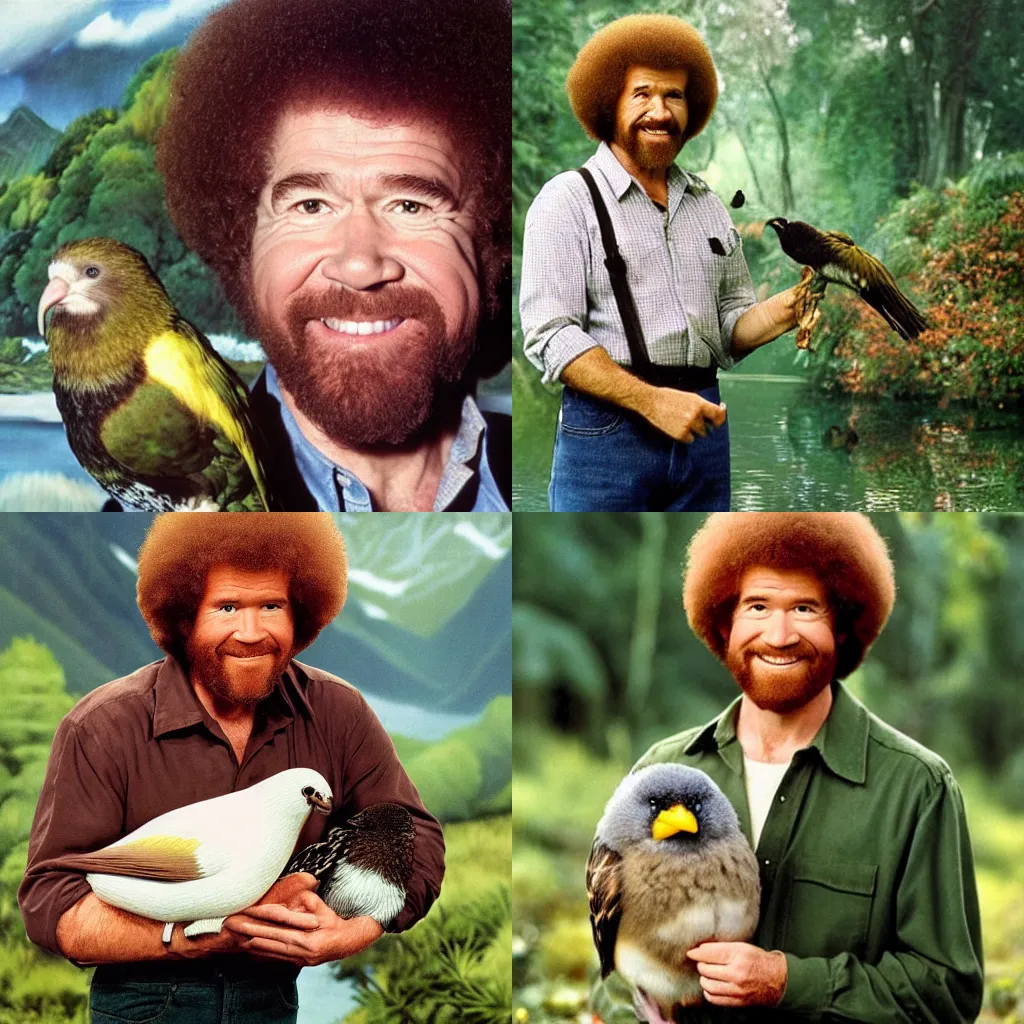 Prompt: Bob Ross holding a New Zealand Kiwi Bird, realistic nature animal photograph, National Geographic cover photo