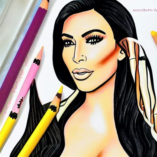 Prompt: Kim Kardashian coloring book picture, half-colored with wax crayon