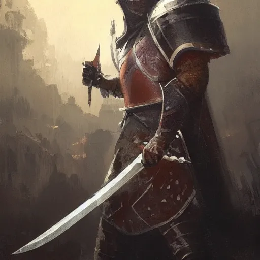 Image similar to a knight with sword and fork in hands by greg rutkowski