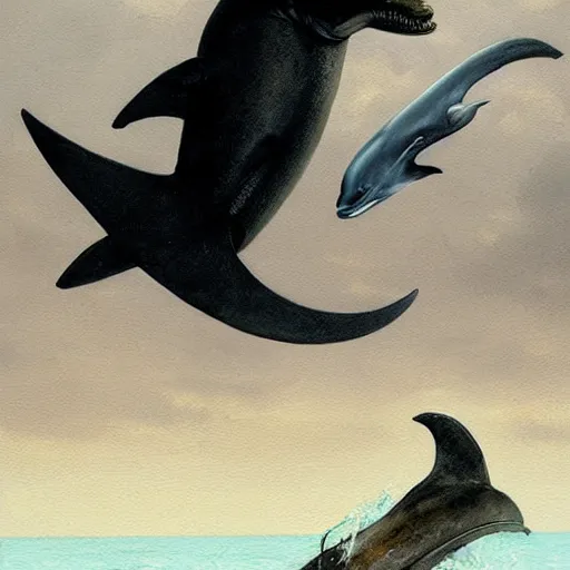 Image similar to a hyper realistic painting of the grim reaper riding a dolphin jumping over a rainbow, death, black cloak, by greg rutkowski and santiago caruso,