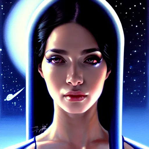 Image similar to a portrait of a very beautiful woman in a spacesuit, Alexandria\'s genesis, shoulder-length black hair, bored, illustration, soft lighting, soft details, painting oil on canvas by mark arian by artgerm, trending on artstation, 4k, 8k, HD