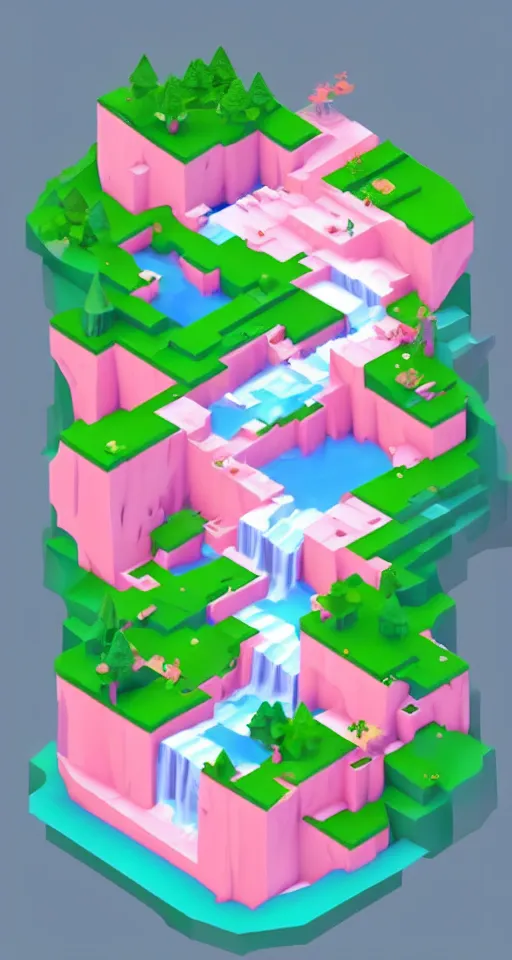Prompt: a cute little matte low poly isometric cherry blossom forest island, pink waterfalls, mist, lat lighting, soft shadows, trending on artstation, 3d render, monument valley, fez video game, rule of thirds