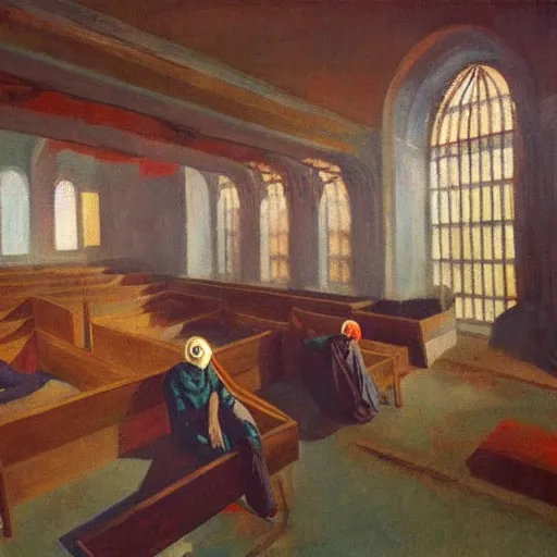 Prompt: apocalyptic scene,prayer,occult,refugees,mosque synagogue interior,gas masks,geometric art,patina,edward hopper