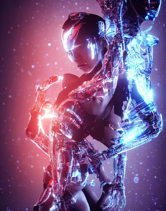 Prompt: full body portrait photo of japanese model cyborg with digital led skin, neon lighting, techno neon projector background, portrait photo, intricate details, ultra realistic, unreal engine 5, depth of field, bokeh, octane render, 8 k hd