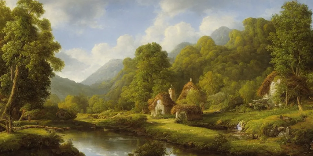 Prompt: a beautiful landscape painting of a cottage by a river in a valley, by john glover, oil on canvas, highly detailed, hd, 4 k