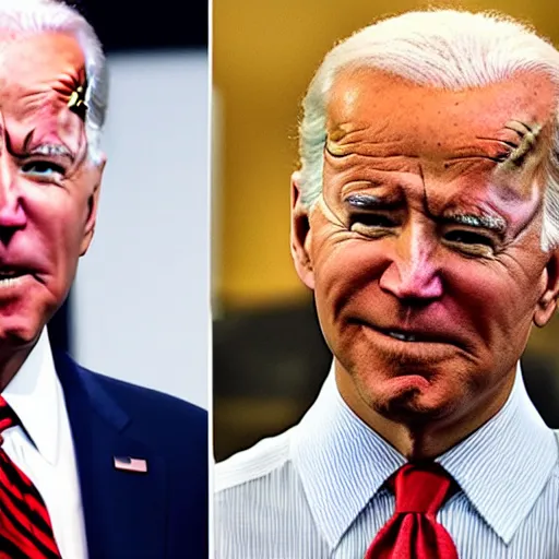 Prompt: Joe Biden next to a red and white talking globe