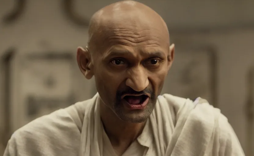 Image similar to Keegan-Michael Key as Mahatma Gandhi in 'Gandhi' (2017), movie still frame, oscar nominated cinematography, volumetric lighting, 8k resolution