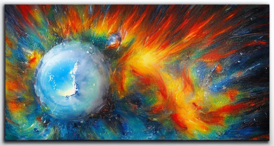 Image similar to award winning painting, planet of water crashing into a planet of fire, bright explosion