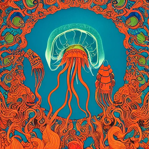 Prompt: ivan bilibin and edmund dulac and ilya kuvshinov and katsuhiro otomo inspired print of jellyfish in a bright ocean, deep focus, fantasy, intricate, elegant, highly detailed, digital painting, concept art, sharp focus, illustration, scarlet - green and mustard - indigo and azure - orange and white color scheme