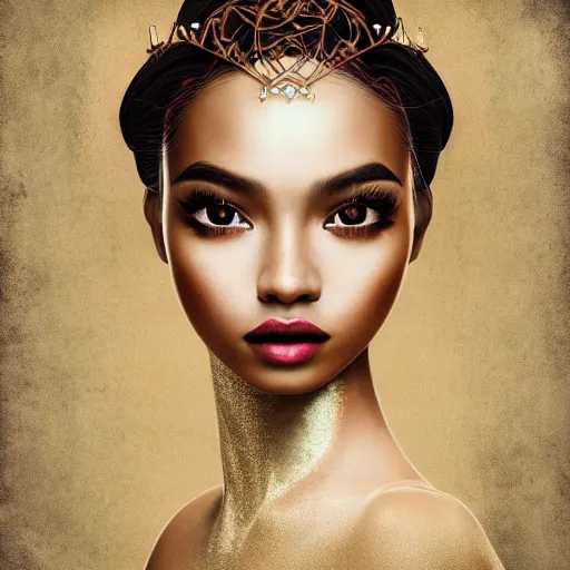 Prompt: vintage portrait of modern mermaid queen, zoom, rule of thirds, atmosphere, intricate, regal, latinas, ( brown skin ), symmetrical!!, loreal, maybelline, sephora, loreal, artstation, art by lee man fong, moody, ( ( cinematic ) ) concept art, filmic, vsco