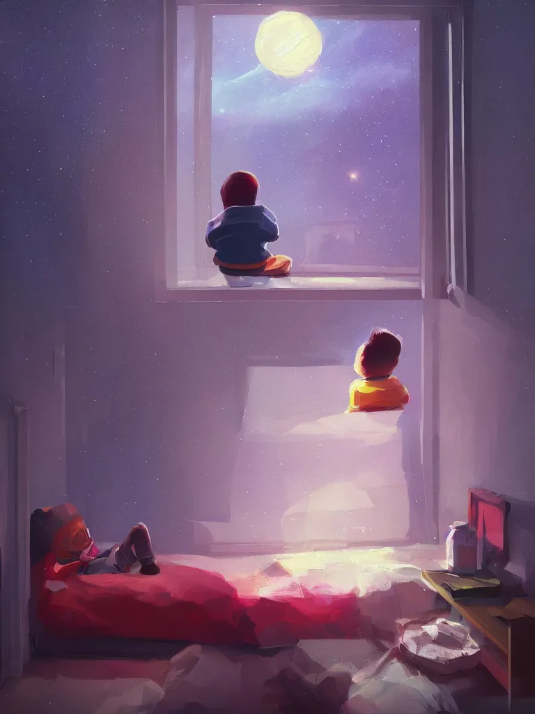 Image similar to a contemporary painting of a little boy sits in his bed and looks through the window into the night sky in a painting from stalenhag 4 k 8 k hdr artstation concept art nebula