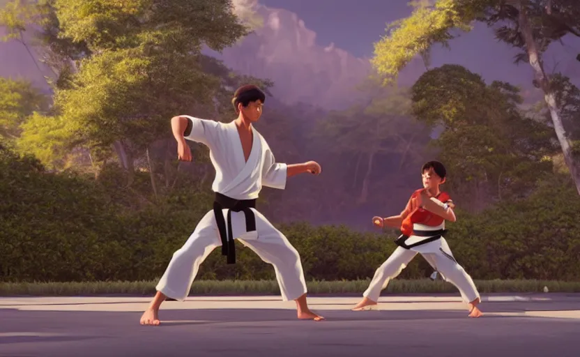 Image similar to a film still of Karate KID 1983, medium shot, waist up, studio Ghibli, Pixar and Disney animation, sharp, Rendered in Unreal Engine 5, anime key art by Greg Rutkowski, Bloom, dramatic lighting