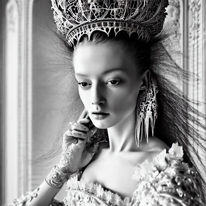Prompt: photo portrait of a beautiful woman like a queen-ethereal-angel, dressed in long elegant intricate ornamental baroque white dress, intricate fractal highly detailed baroque ornament in the upper side of breast, bust with a very long neck , elegant, highly detailed intricate baroque ornament in her hair, Realistic, Refined, Highly Detailed, Cinematic cold Lighting, fine art photography by Paolo Roversi, volumetric studio lighting, hyper realistic photography