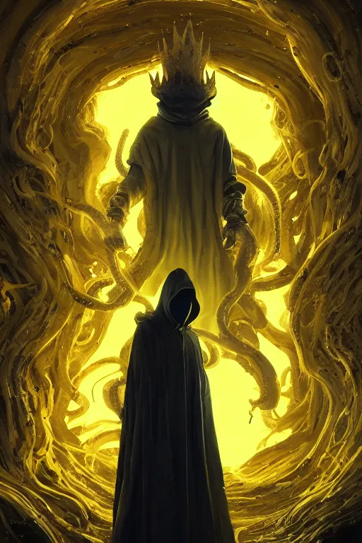 Image similar to A full body portrait of a mysterious character with no face with a very long hooded yellow cloak, a golden crown floating above his head tentacles coming out the ground art by Maciej Kuciara and Jason Chan, ominous, cosmic horror, trending on artstation, Ultra detailed, hyper realistic 4k