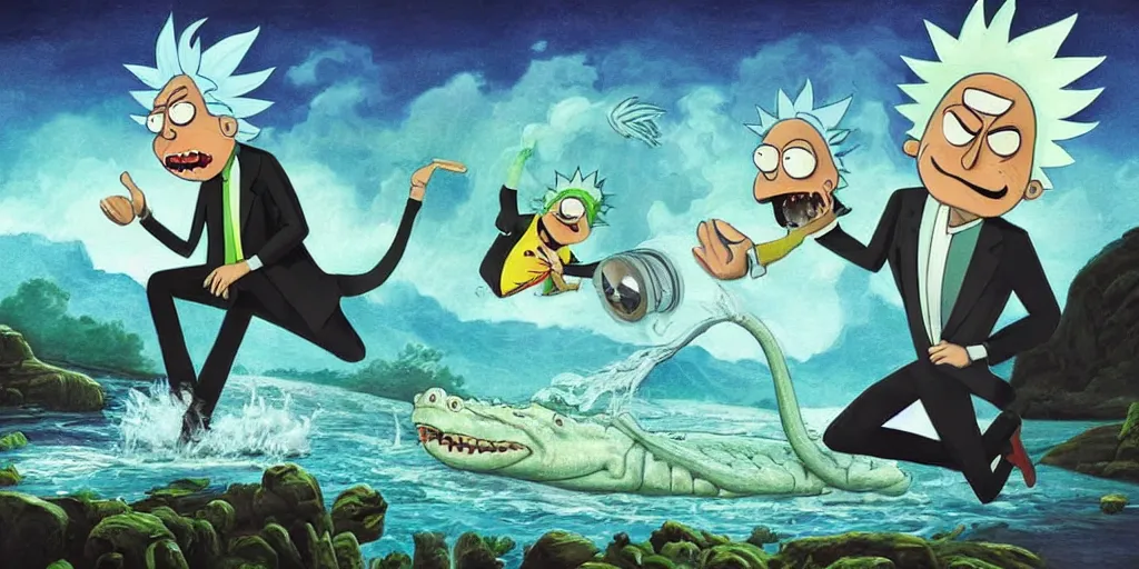 Image similar to rick sanchez from rick and morty falls into a river and gets eaten by a crocodile. official artwork as a beautiful oil painting