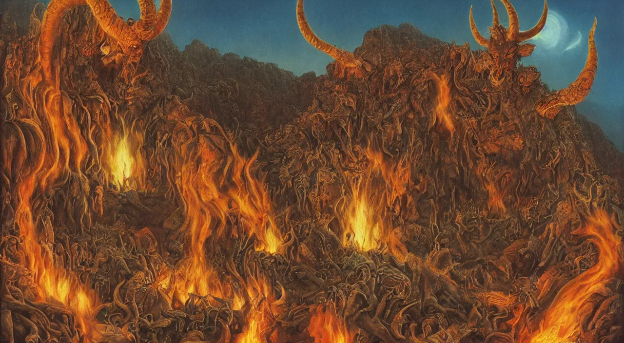 Prompt: a beautiful detailed portrait of satan with long horns and fiery vortex eyes taken on a polaroid by roger dean, by laurie lipton, detailed, realistic shadows, volumetric lighting, mythical, rendered in redshift, matte painting