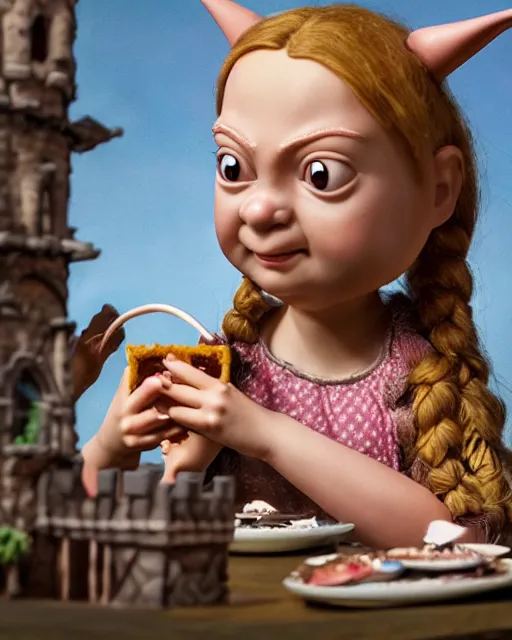 Image similar to highly detailed closeup, face profile portrait of a tin toy greta thunberg as a medieval goblin eating cakes in a castle, bikini, depth of field, nicoletta ceccoli, mark ryden, lostfish, dan decarlo, bob clampett, max fleischer, detailed and intricate environment, 8 k resolution, hyperrealistic, octane render