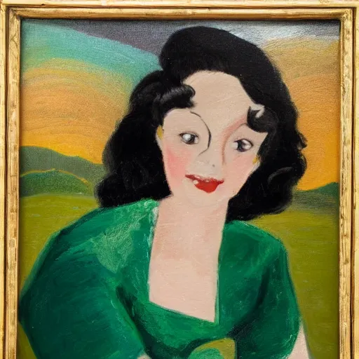 Image similar to a close up of a young woman from the fifties, seated in front of a landscape background, her black hair is a long curly, she wears a dark green dress, pleated in the front with yellow sleeves, puts her right hand on her left hand, oil painting