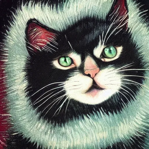 Image similar to close - up, black. realistic. cat. with a long, fluffy. sparkly. wool. he stands on his hind legs. in a long black coat and a long black coat. winks with his eye.. fantasy background. an image in the style of van gogh. clear details. the oil painting is a masterpiece.