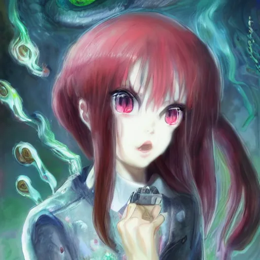 Prompt: big eyed shoggoth anime-girl smoking a cigarette hyperreality painting by amano yoshitaka, lilia alvarado 8k hd hyperdetailed deviantart shoggoth meat slime smoking a cigarette lovecraftian horror shoggoth