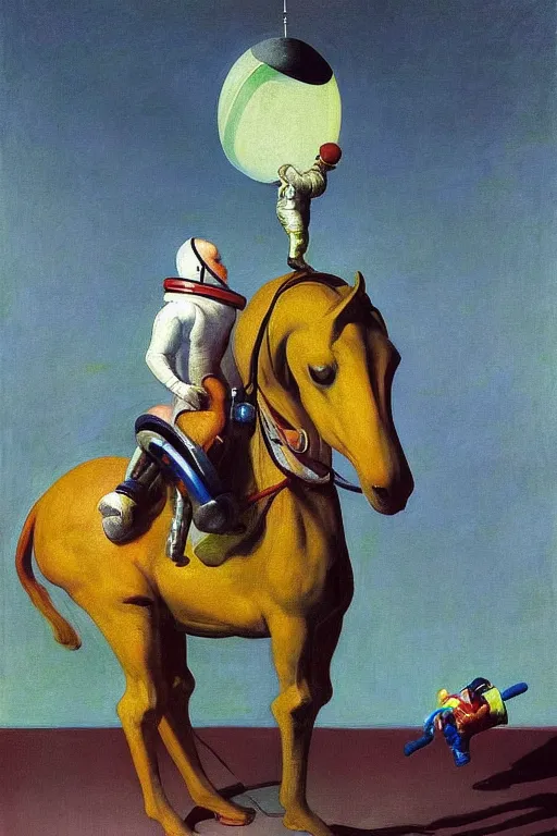 Prompt: a small man with a horse's head sits astride a man in an astronaut costume, hauntingly surreal, highly detailed painting by francis bacon, edward hopper, adrian ghenie, gerhard richter, and james jean soft light 4 k,