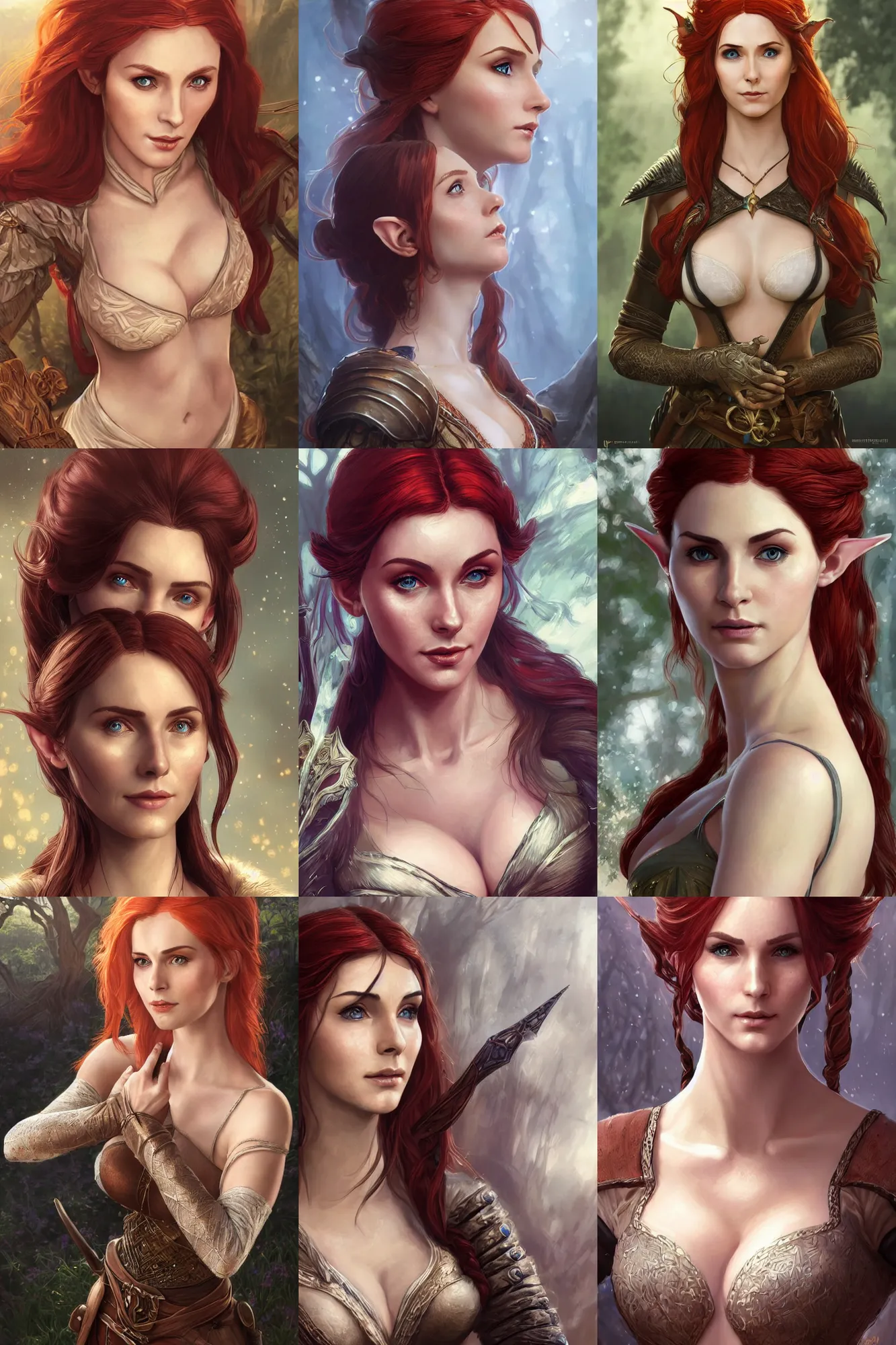 Prompt: alluring high-res photo portrait of an attractive young elf woman (played by Triss from Witcher 3), clothed in a chesty fantasy outfit, intricate, elegant, highly detailed, digital painting, trending on Artstation, concept art, smooth, sharp focus, illustration, in the style of artgerm and greg rutkowski and alphonse mucha