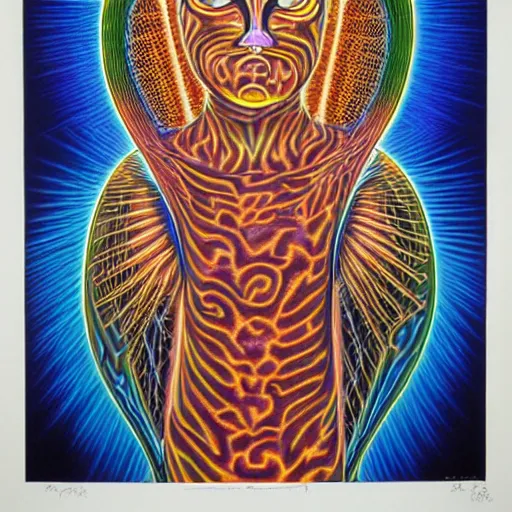 Prompt: cat having an ego trip, by alex grey