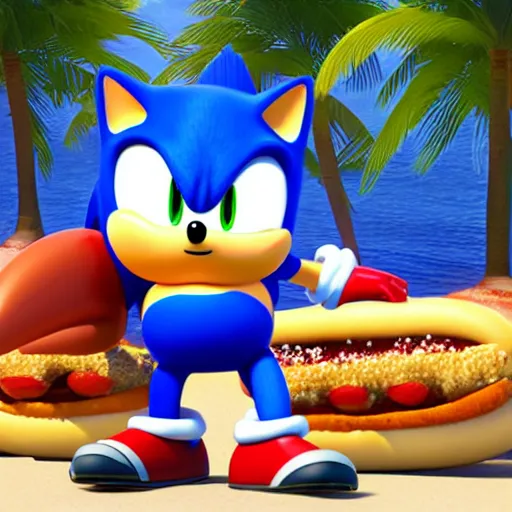 Prompt: a very fat sonic the hedgehog standing outside of a hotdog stand holding a hotdog, on the beach scene, ultra - realistic digital art, detailed textures and lighting, detailed character with intricate face detail, 8 k
