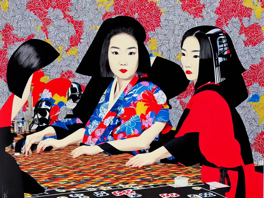 Image similar to hyperrealism composition of the detailed woman in a japanese kimono sitting at an extremely detailed poker table with darth vader, fireworks and folding screen on the background, pop - art style, jacky tsai style, andy warhol style, acrylic on canvas