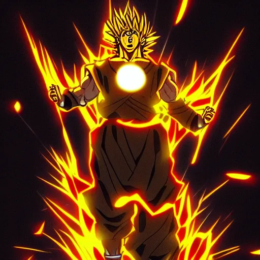 Image similar to jesus Christ on the cross going super saiyan, glowing, anime