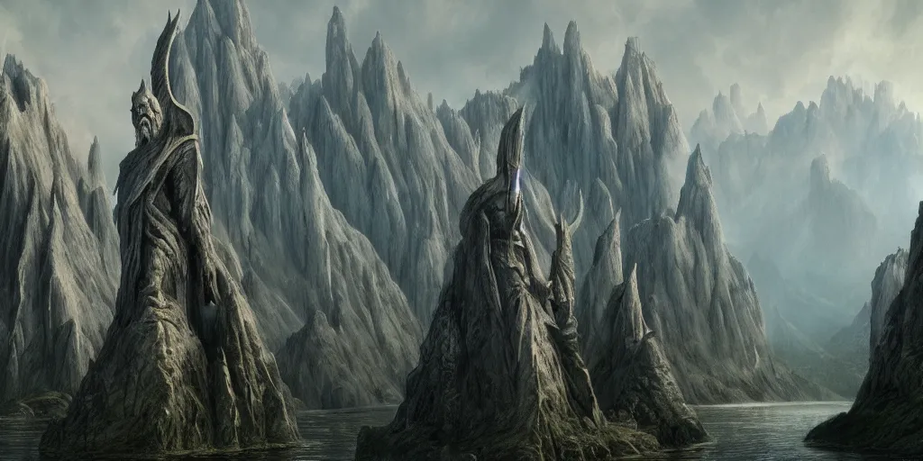 Image similar to Argonath statues at the River Anduin, Pillars of the Kings, evening, detailed matte painting, low angle view, cinematic, Alan Lee, Artstation