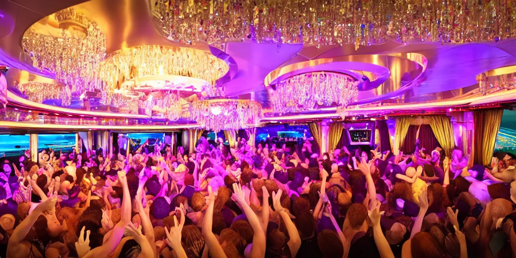 Prompt: 8 k uhd cinema 4 d, octane render of multiple cats with fluffy tails, line dancing at a party, in the ballroom of a luxury cruise liner, beautiful chandeliers from the ceiling, ultra realistic, group photography, 1 0 5 mm lens, multi coloured volumetric lighting