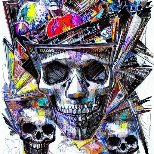 Image similar to Derek Gores drawing of Psychedelic Skulls, medieval town, skulls, drawn by Derek Gores, trending on artstation