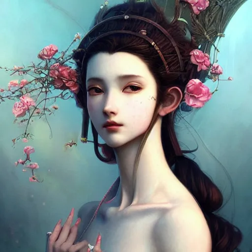 Image similar to aerith gainsborough, intricate, elegant, highly detailed, smooth, sharp focus, award - winning, masterpiece, in the style of tom bagshaw, cedric peyravernay, peter mohrbacher, victo ngai, pinterest, 4 k hd illustrative wallpaper, chinese style
