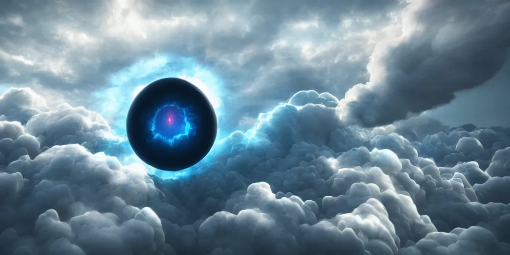 Image similar to glowing atom amongst clouds, volumetric, digital art, art station, extremely detailed