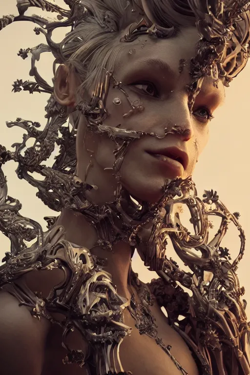 Prompt: beautiful impish biomechanical incredible hair, masterpiece crystalline incrustations, hyperdetailed face, elegant pose, movie still, intricate, octane render, cinematic lighting, cgsociety, unreal engine,