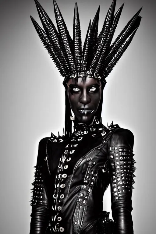 Image similar to an african woman in a black leather outfit with spikes on her head, a high fashion character portrait by christen dalsgaard, featured on behance, gothic art, androgynous, genderless, gothic