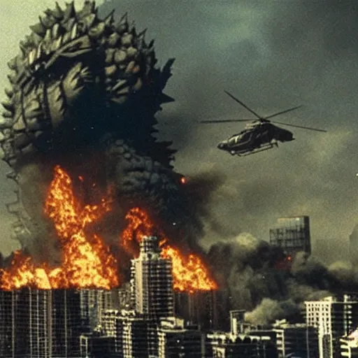 Prompt: a award winning photograph of godzilla destroying skyscrapers in a large city with helicopters and tanks, smoke and destruction, cinematic