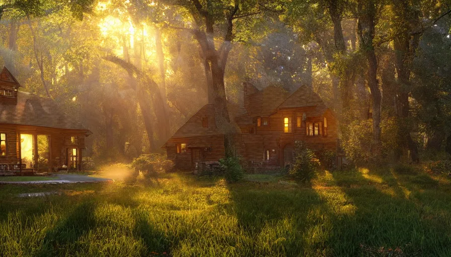 Prompt: a beautiful hyperrealistic detailed 3D render of a house in the woods, sunlit, dawn, by Greg Hildebrandt, unreal engine, octane render, gigantic, 3D, brilliantly coloured, intricate, ultra wide angle, trending on artstation, crepuscular rays, dust, volumetric lighting, HDR, polished, micro details, ray tracing, 8k