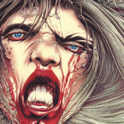 Image similar to closeup of face melting, vampire, by yoichi hatakenaka, masamune shirow, josan gonzales and dan mumford, ayami kojima, takato yamamoto, barclay shaw, karol bak