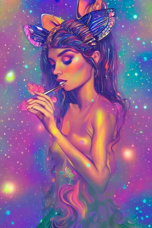 Prompt: psychedelic, digital painting, 4k, illustration, beautiful seductive woman with fox ears smoking weed, with professional makeup, long trippy hair, a crystal and flower dress, sitting on bed of crystals, surrounded by gems, underneath the stars, rainbow fireflies, trending on patreon, deviantart, twitter, artstation, volumetric lighting, heavy contrast, art style of Greg Rutkowski and artgerm and alphonse mucha