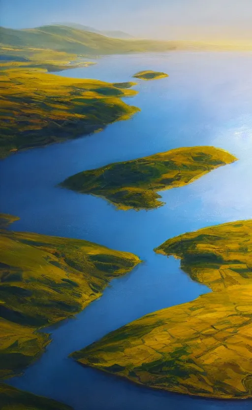 Image similar to nordic fjord, summer morning light, aerial view, beautiful landscape, cinematic light, soft illumination, cinematic composition, wide - angle, atmospheric, oil painting, trending on artstation